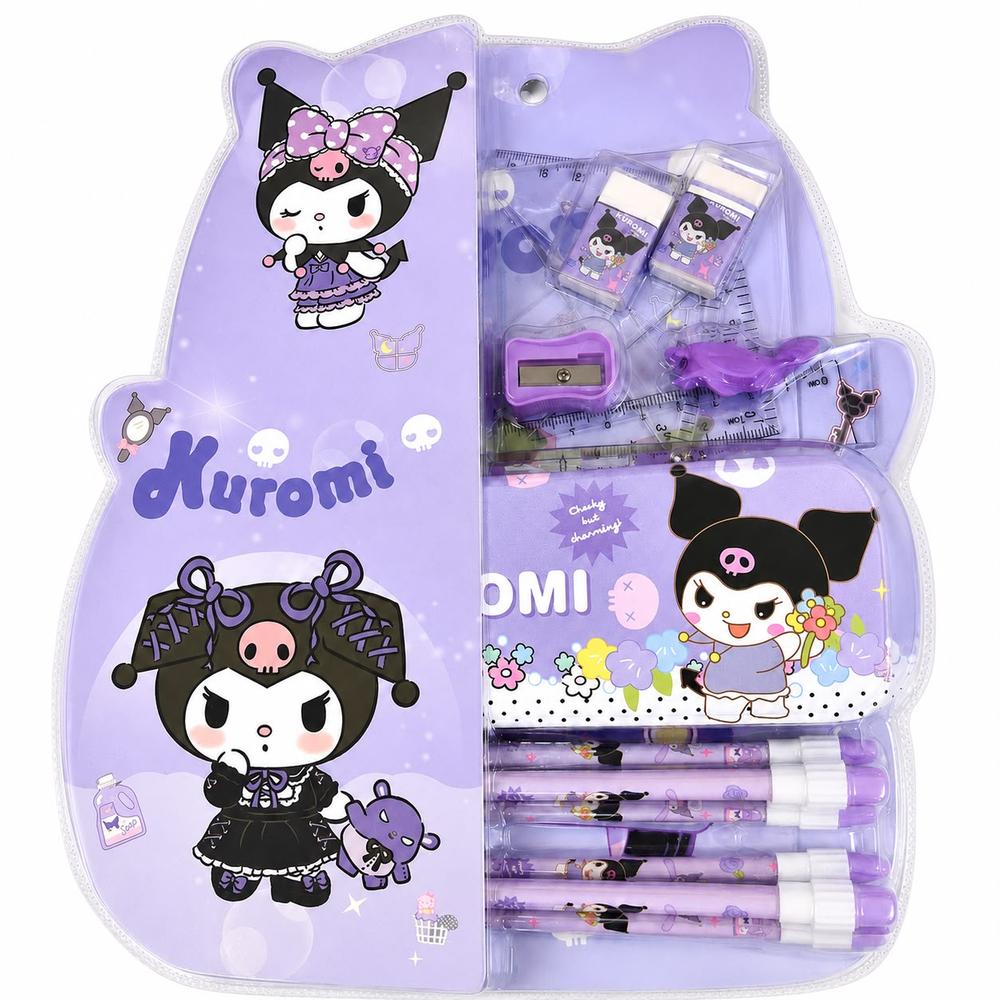 Black & Purple Character Stationery Gift Set | Adorable Pencil Box Kit with Pencils, Eraser & Sharpener for Kids & Students