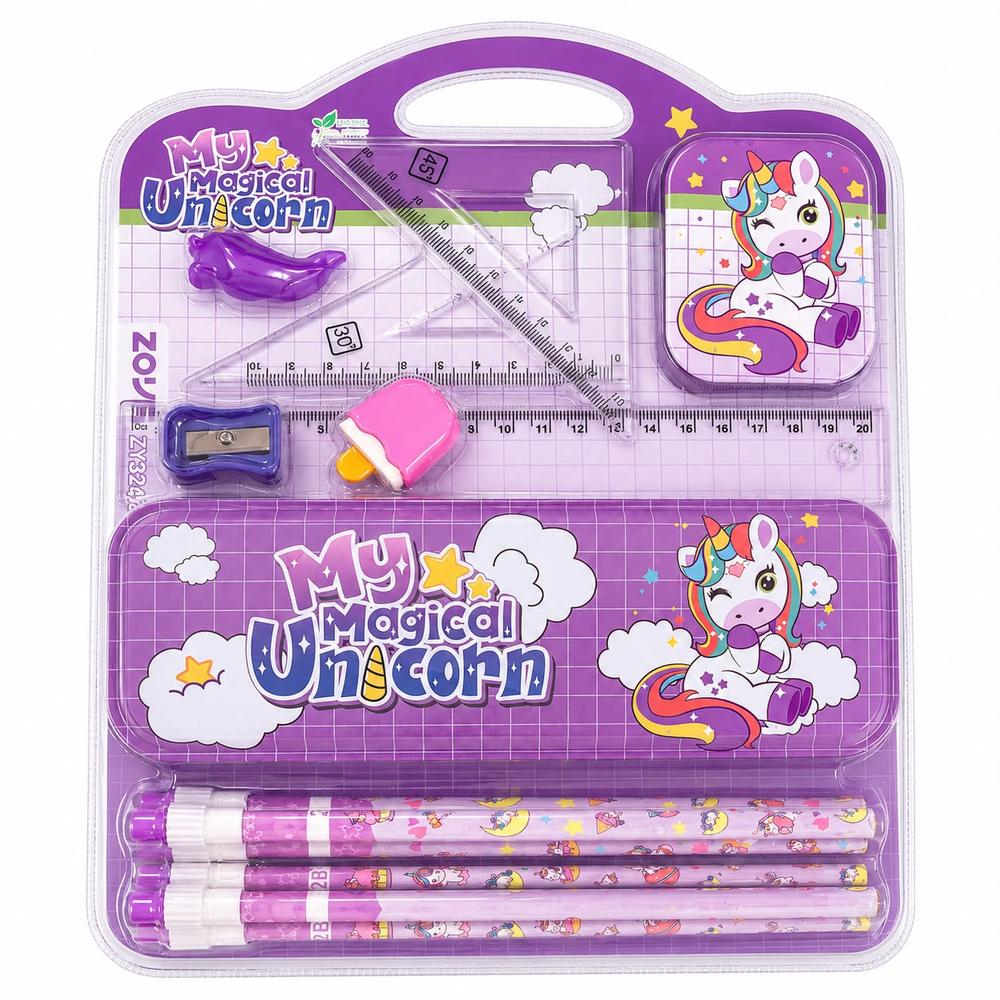 Unicorn Theme Stationery Gift | Pencil Box Kit with Pencils, Rulers & Sharpener for Kids & Students