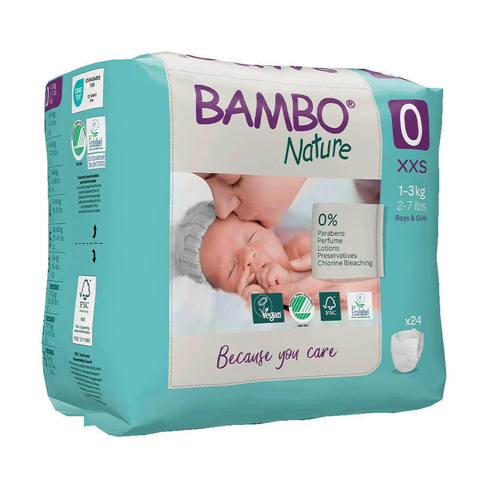 Bambo Nature (Size-0, XXS) Diapers | 24 Diapers | 1-3 Kg | 2-7 lbs