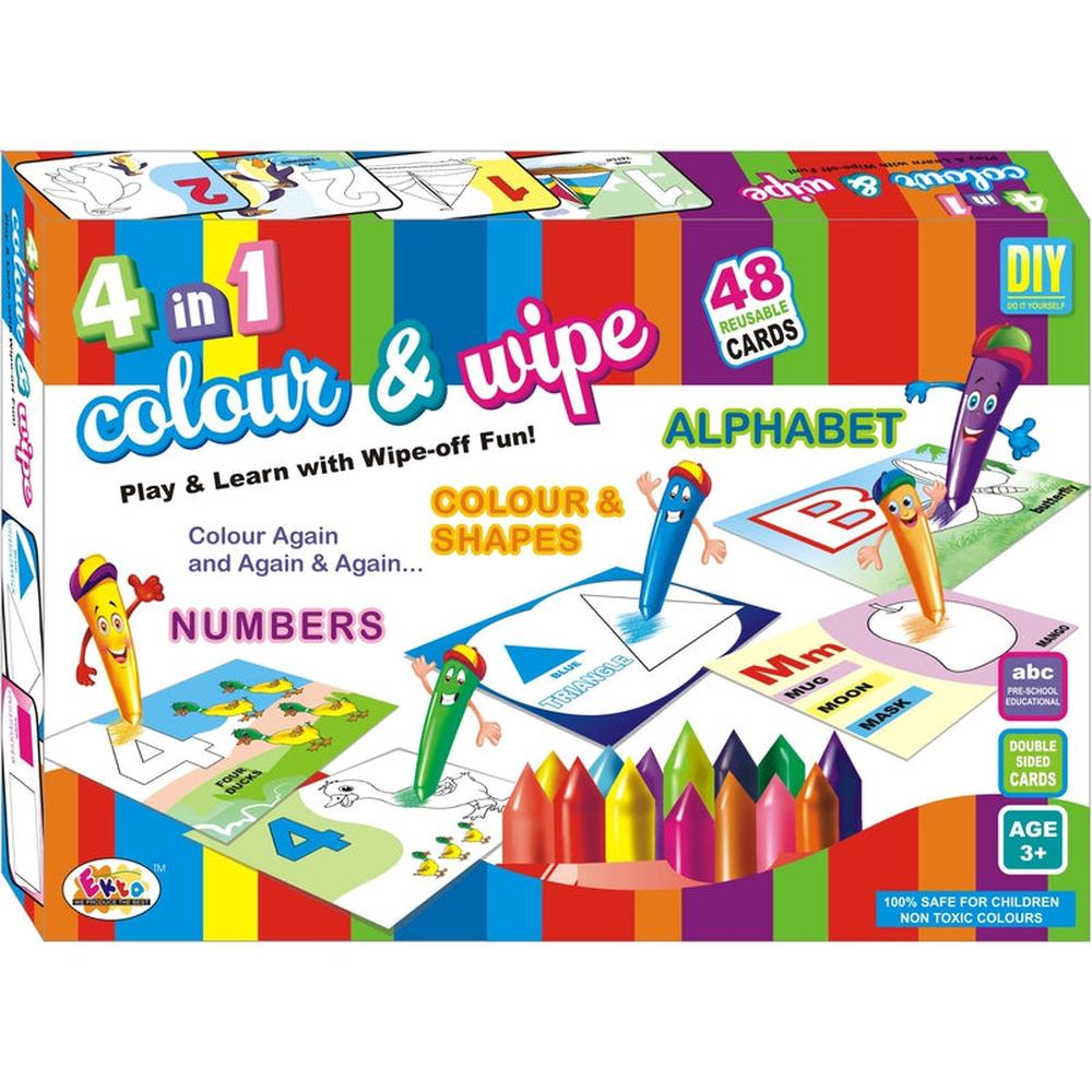 Ekta's 4 in 1 Colour & Wipe Set with 48 Reusable Cards - Numbers, Colour, Shapes & Alphabet (3-5 Years)