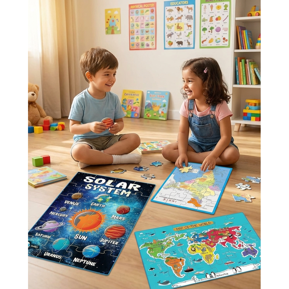 FunBlast 3 In 1 Jigsaw Puzzle - Solar System, Map Of India & World Map | 72 Pieces