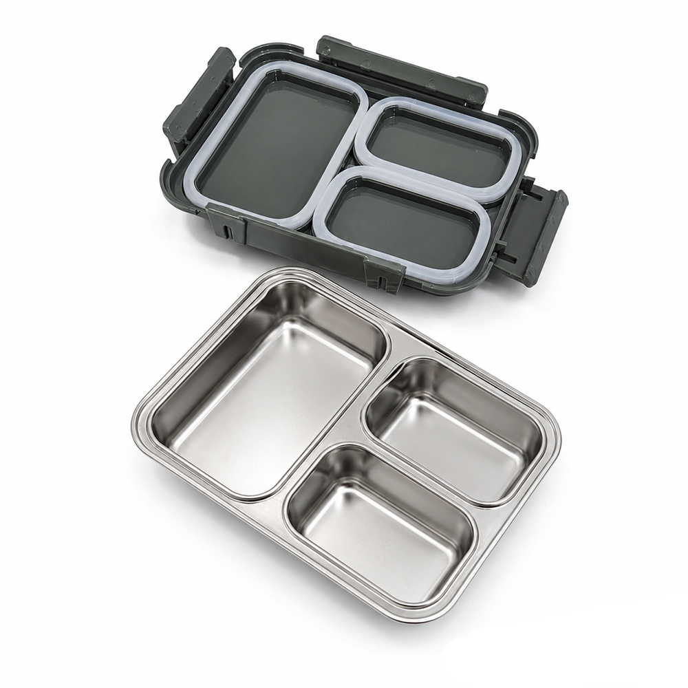 Jaypee 3 Section Steel Mate Insulated Lunch Box | Snap-close Latches, Silicon Seals - Green