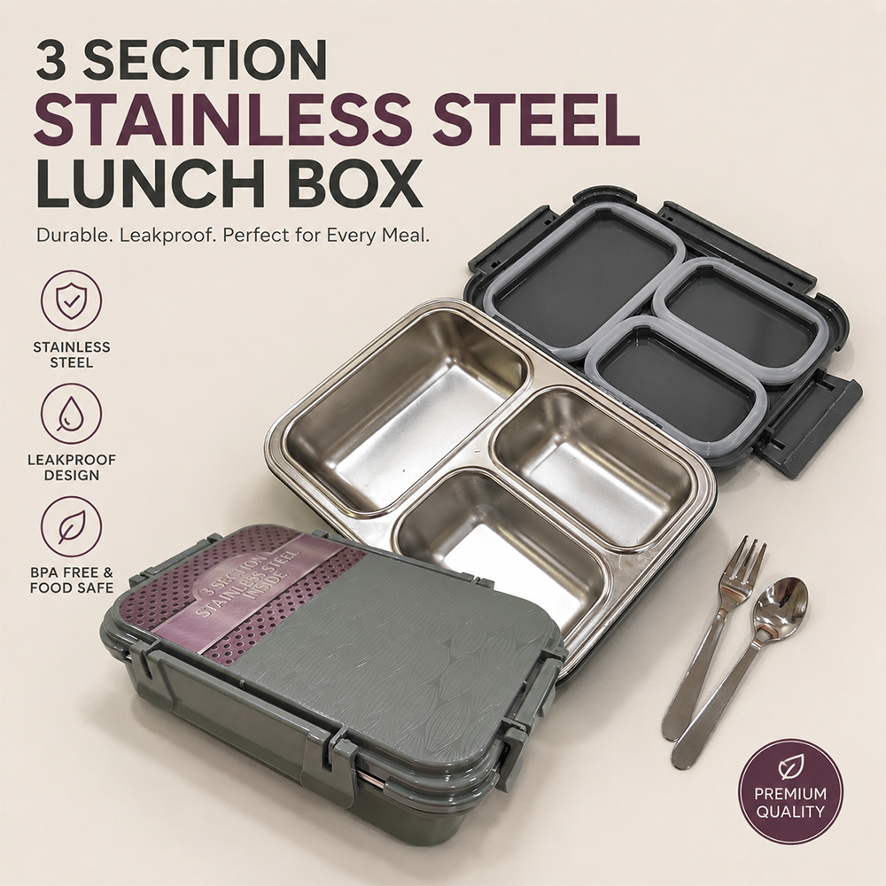 Jaypee 3 Section Steel Mate Insulated Lunch Box | Snap-close Latches, Silicon Seals - Green