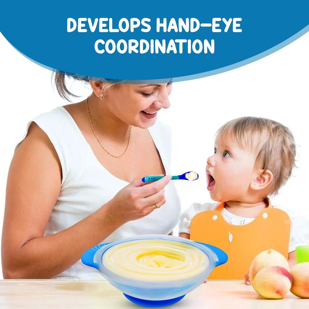 Zikku Baby Spill-Proof Silicone Suction Bowl Set with Temperature-Sensitive Spoon | Blue